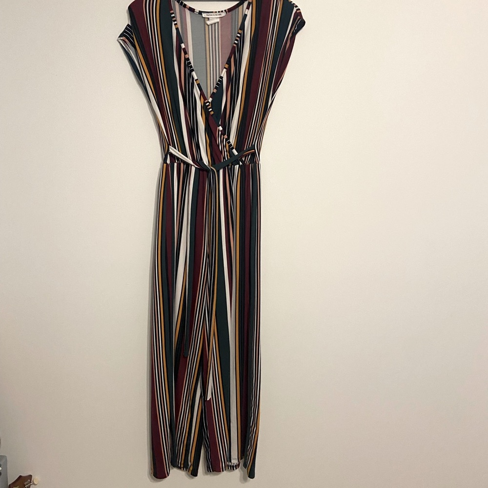 Women S jumpsuit Multicolor striped, soft stretchy material Elastic waist w/ tie
